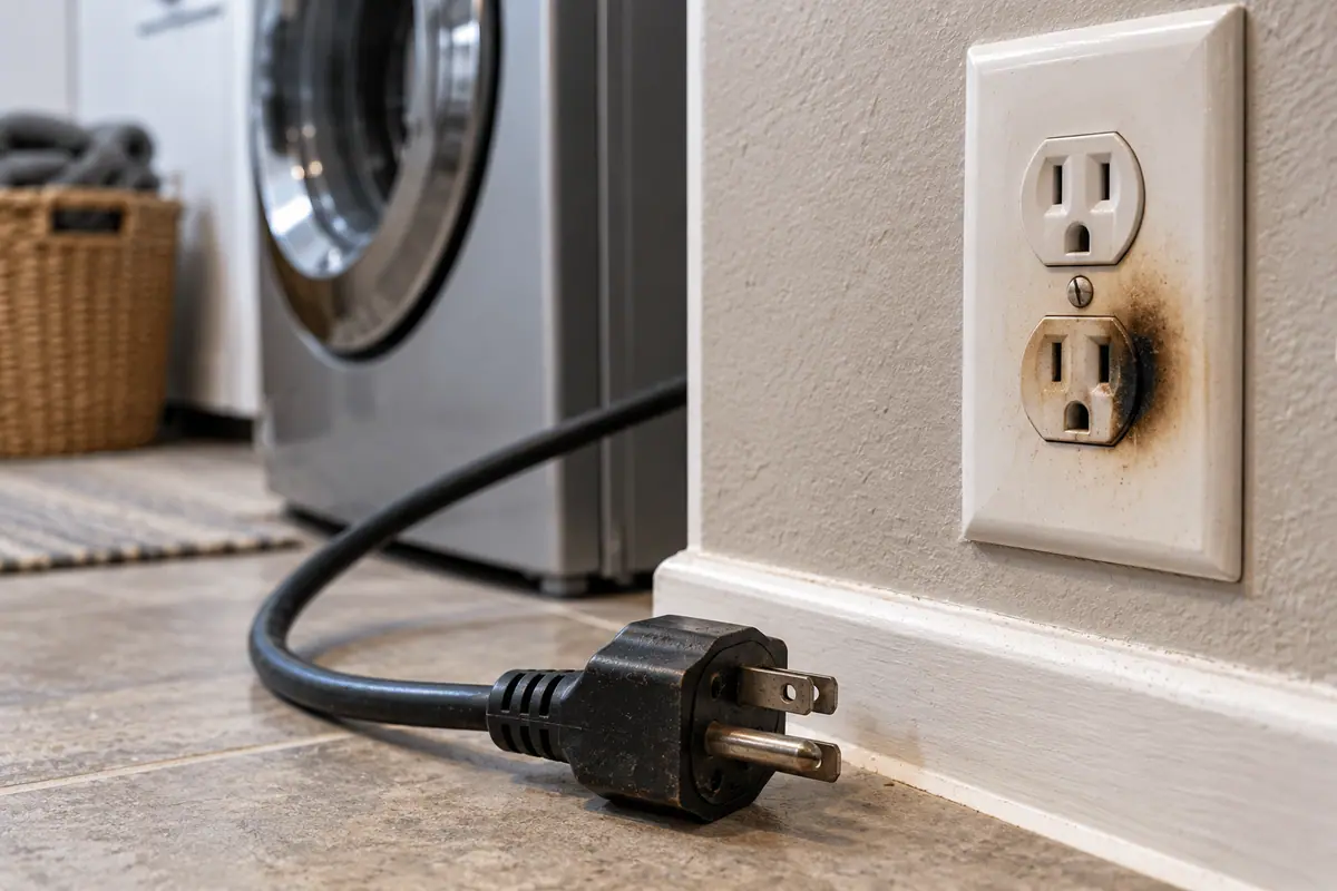 Unplugged appliance cord beside a discolored wall outlet
