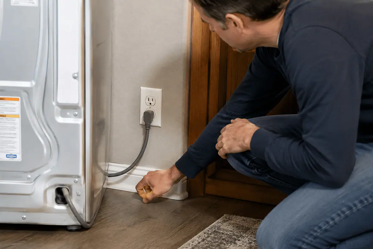 Homeowner visually checking an appliance power cord and wall outlet