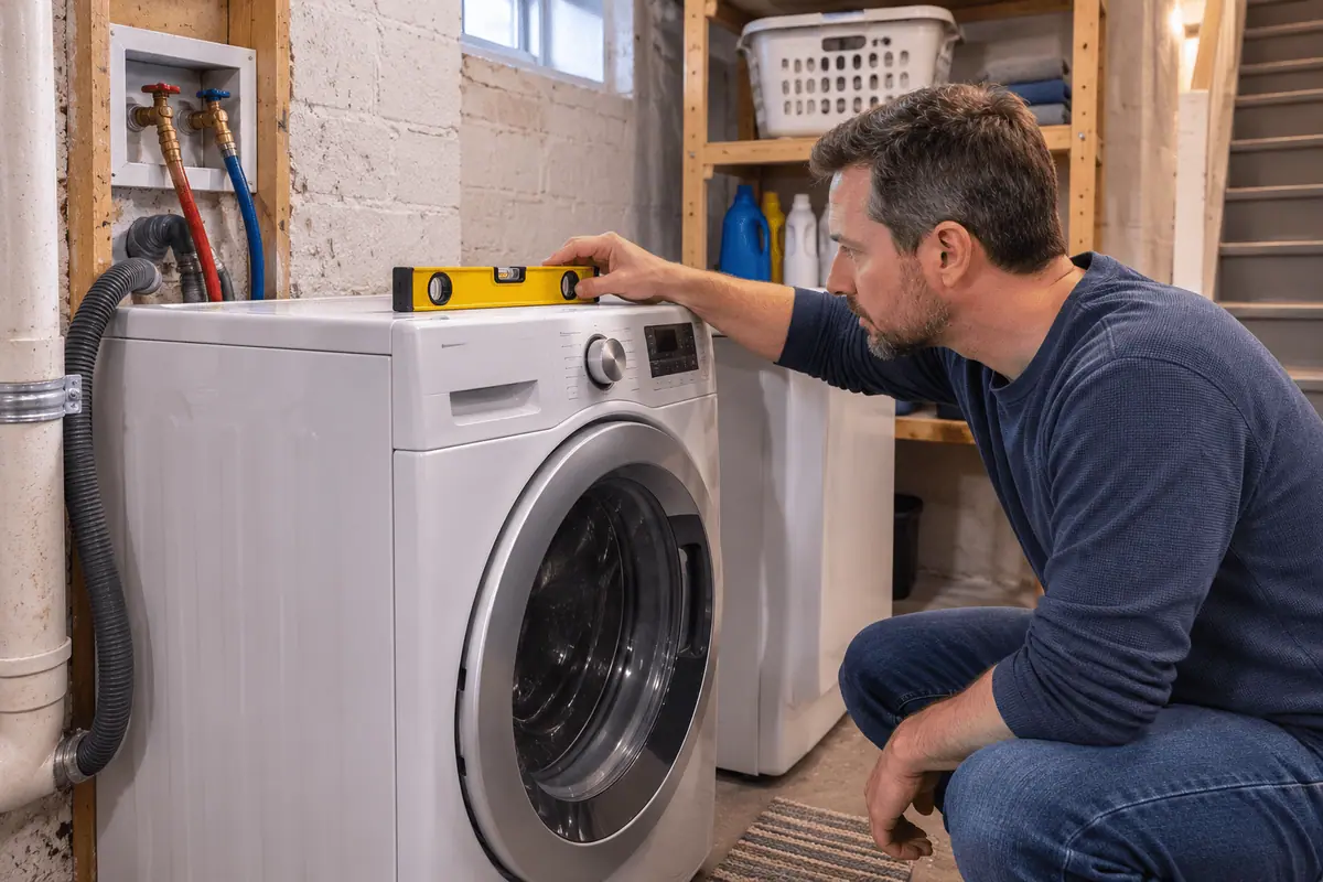 Homeowner checking a washing machine for level and visible hose condition