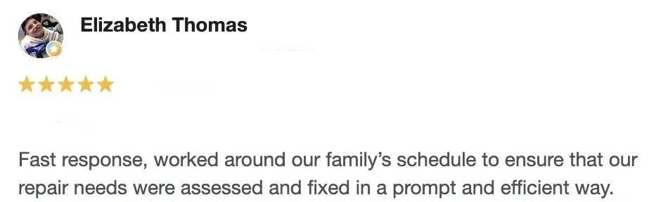 5-star appliance repair customer review praising fast response in Parma OH