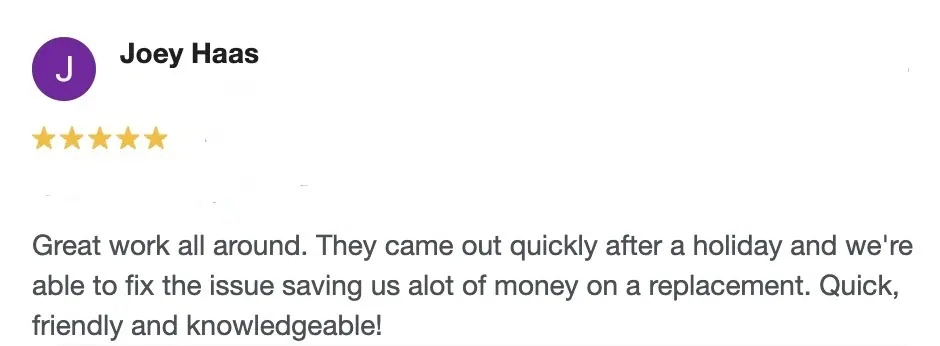 5-star appliance repair customer review in Parma OH