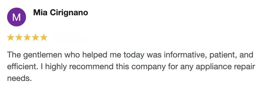 5-star appliance repair customer review in Parma OH