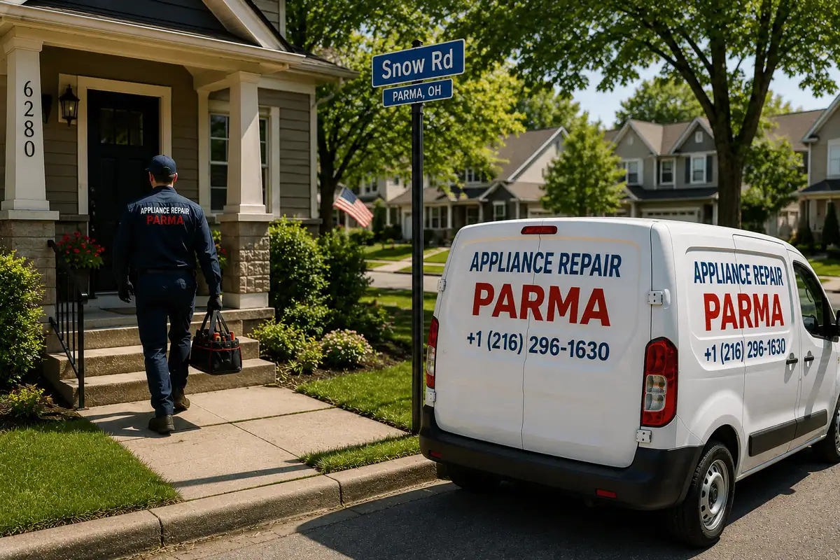 Appliance repair technician arriving at a customer's home in Parma Ohio