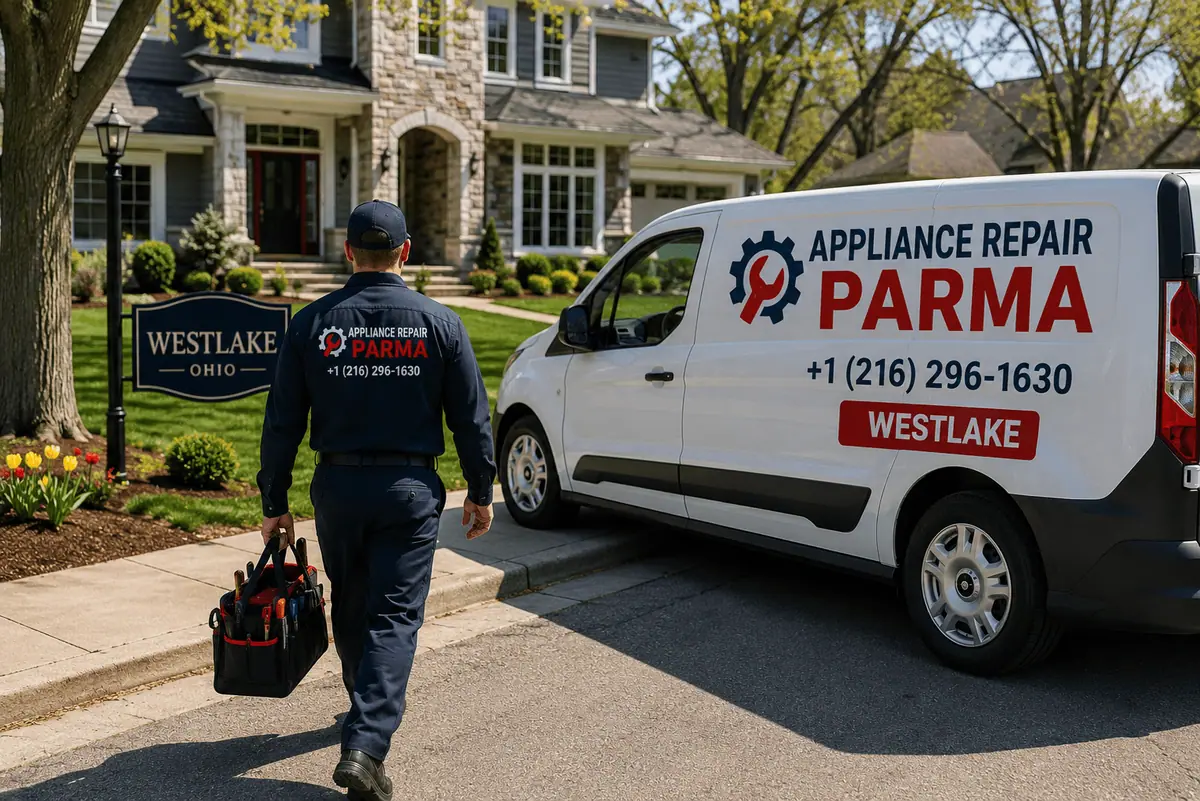 Appliance repair technician at work in a Westlake, Ohio home