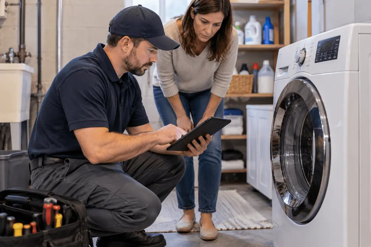 Appliance technician reviewing diagnostic information beside a washing machine