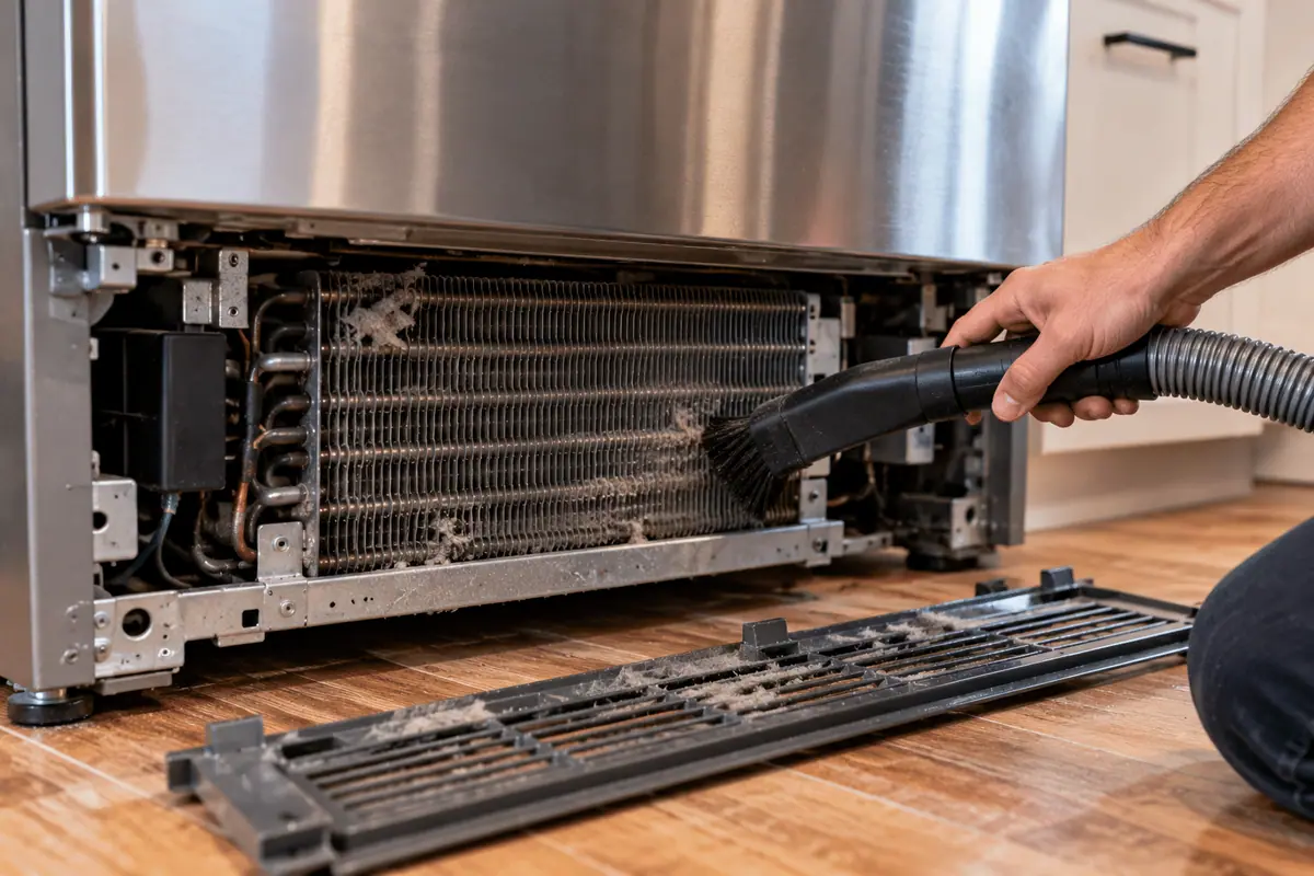 Cleaning dust from accessible refrigerator condenser coils with a vacuum