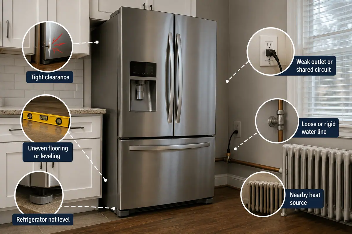 Refrigerator installed in a Cleveland-area kitchen where flooring, cabinets, plumbing, and nearby heat sources can affect noise