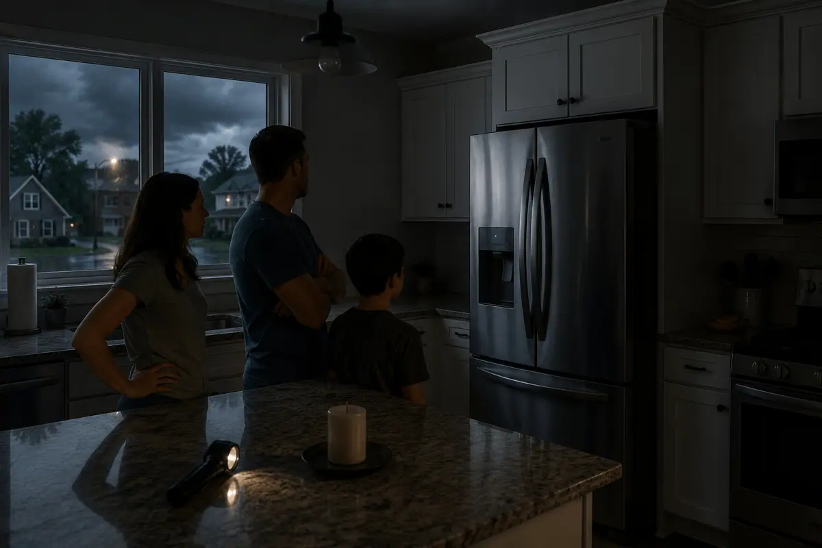 Homeowner waiting for a refrigerator to restart after power is restored following a Cleveland power outage.