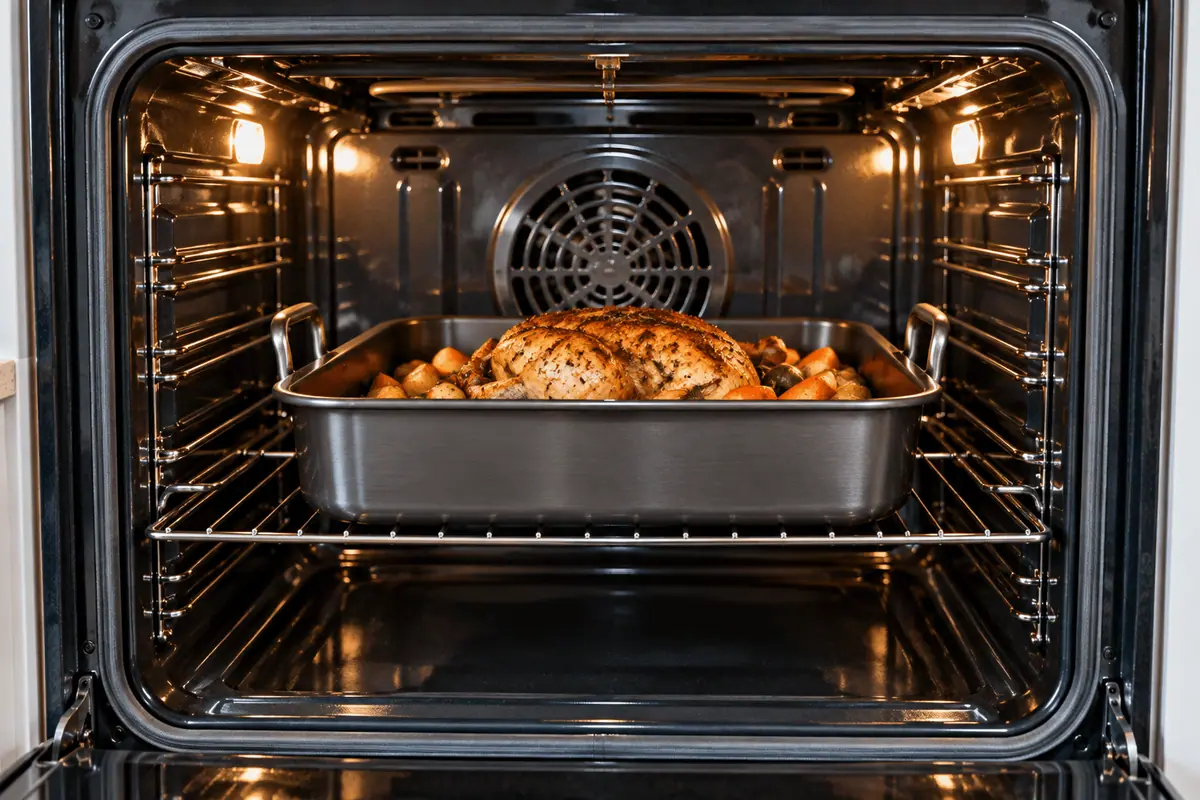 Large roasting pan positioned near the rear fan of a convection oven