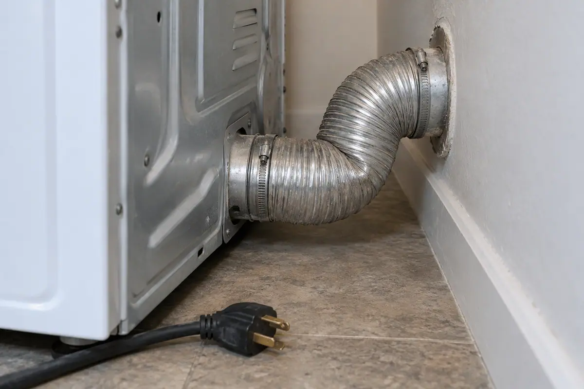 A metal dryer exhaust duct flattened at a tight bend behind the appliance.
