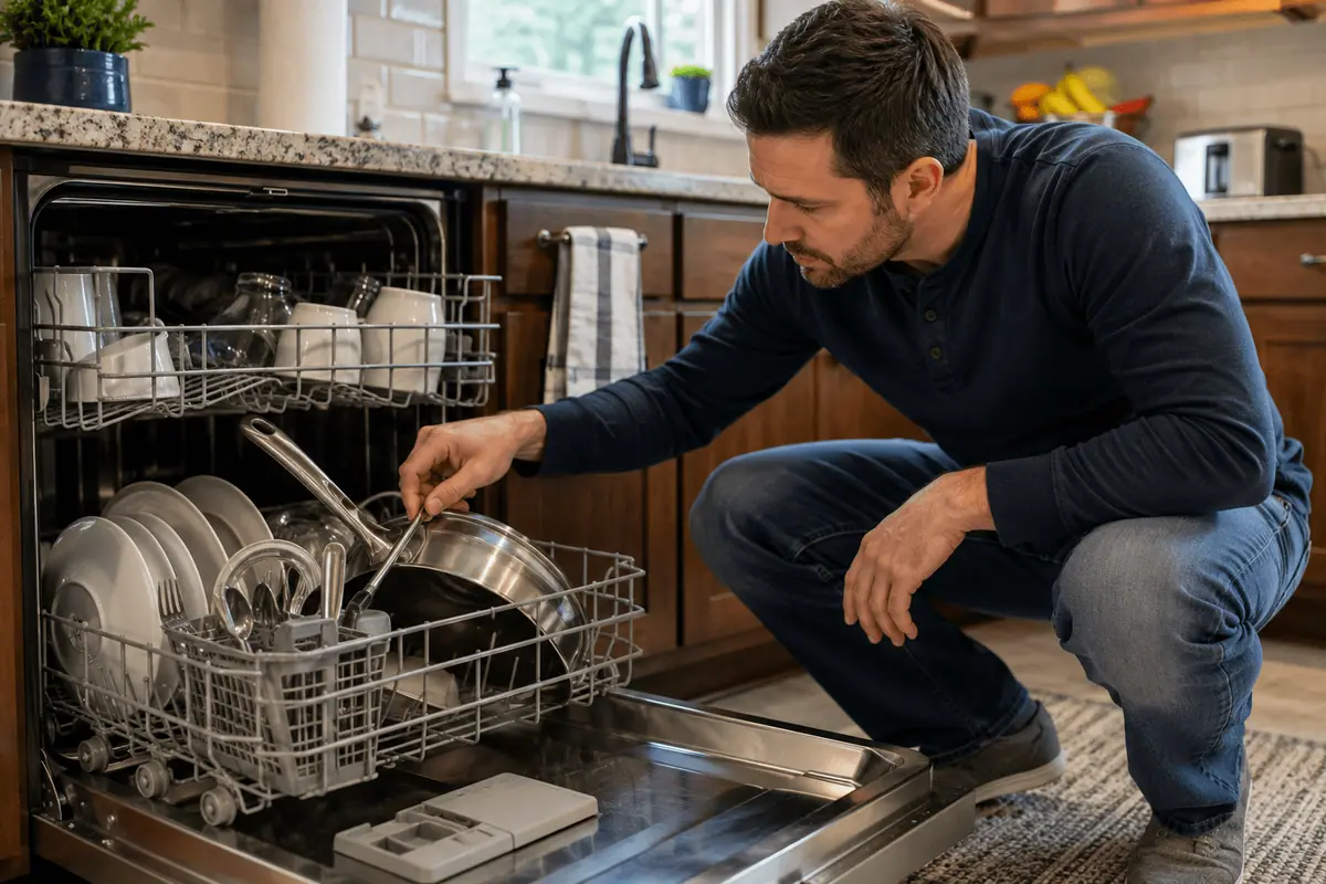 Homeowner checking dishwasher loading for an obstruction