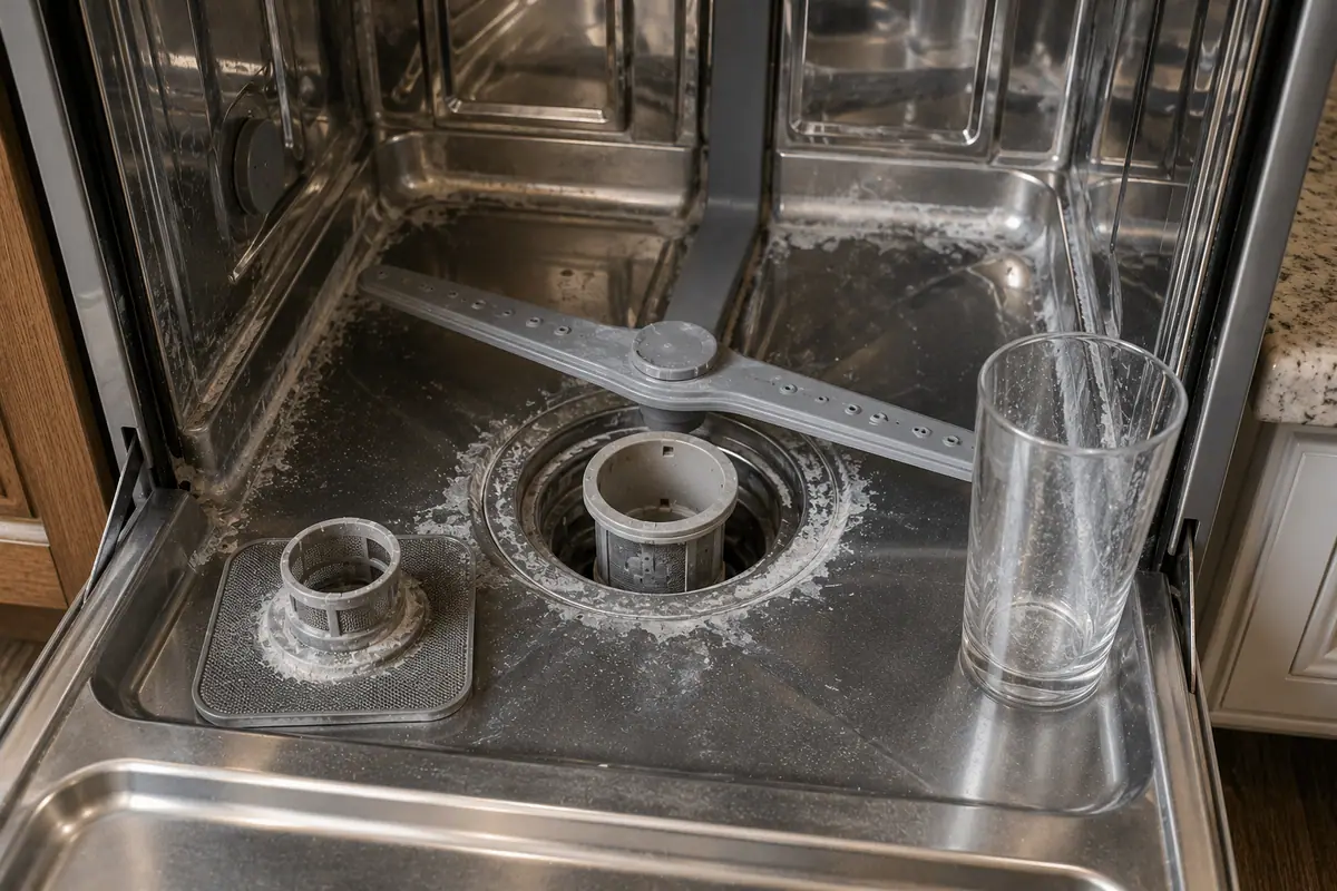 White mineral buildup inside a stainless steel dishwasher