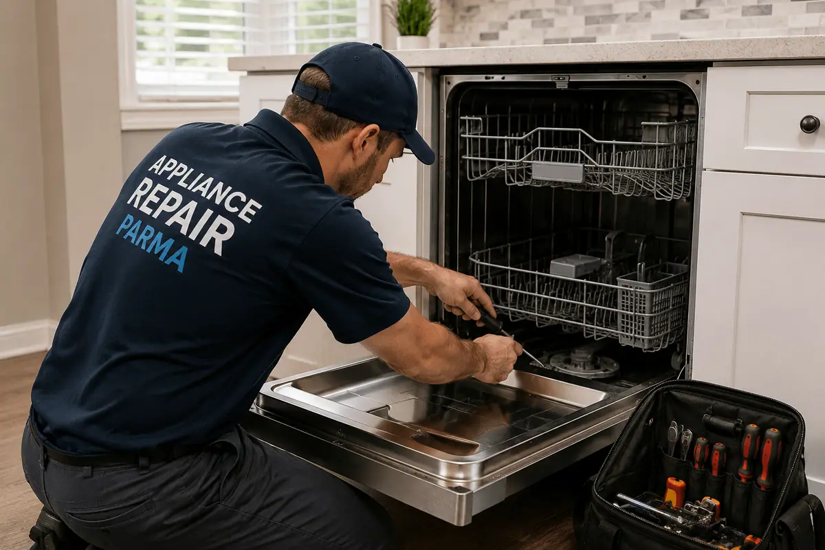 Professional dishwasher repair technician diagnosing a dishwasher problem