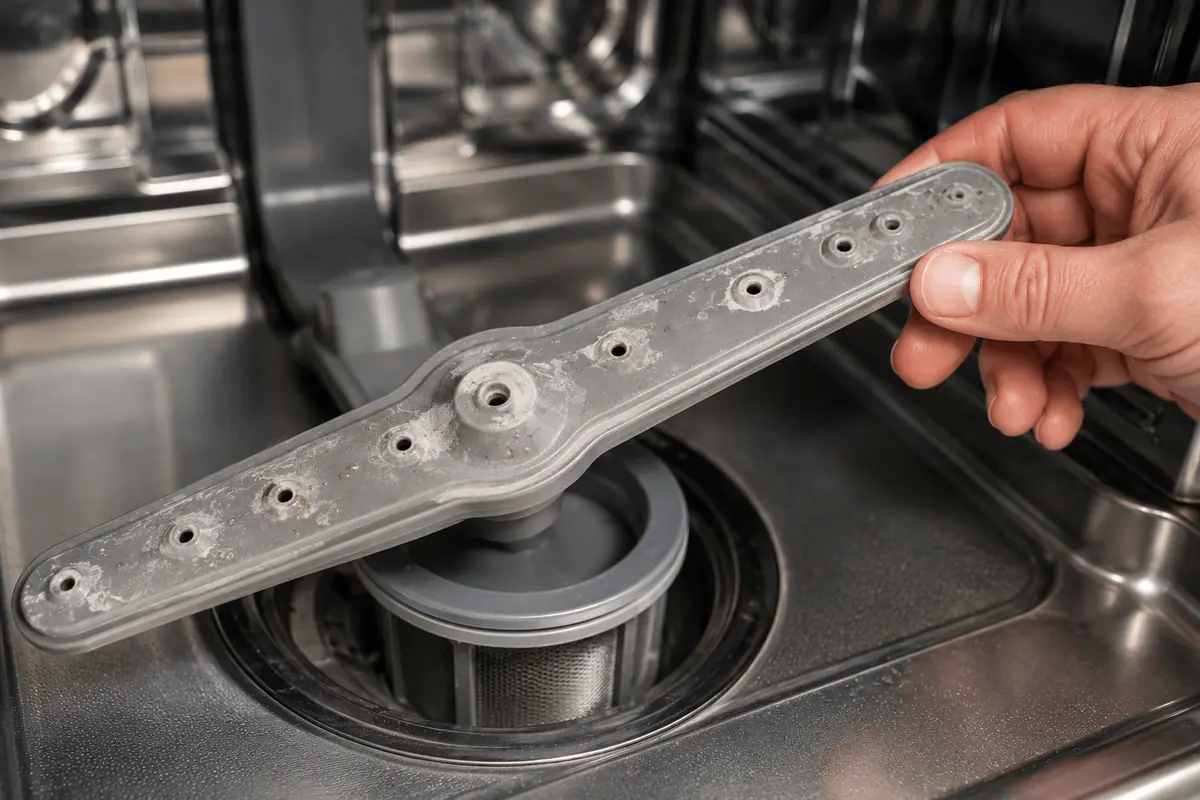 Dishwasher spray arm with mineral buildup around several spray holes
