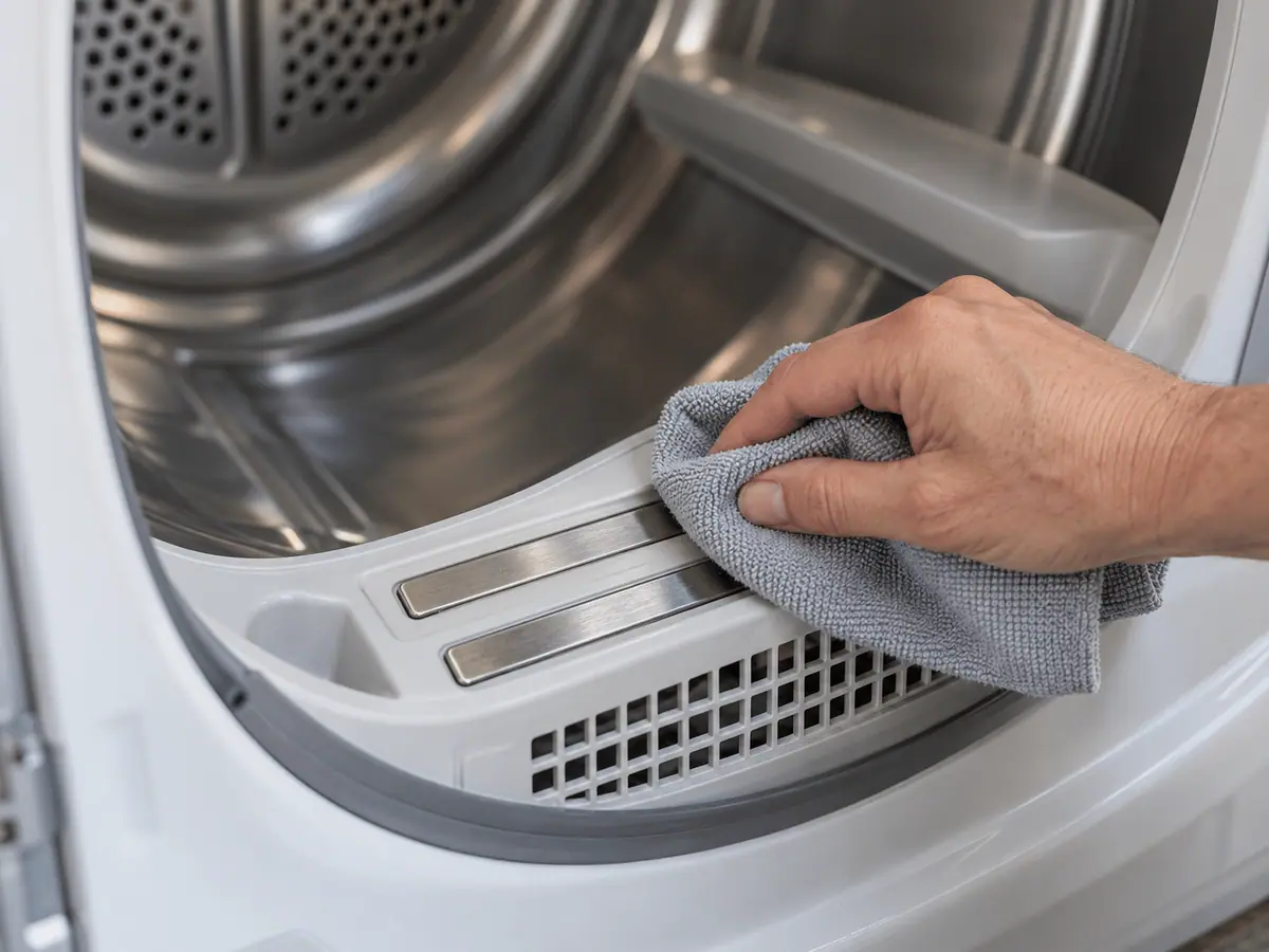 A hand wiping metal moisture sensor strips inside a dryer with a soft cloth.