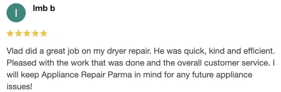 5-star dryer repair customer review in Parma OH