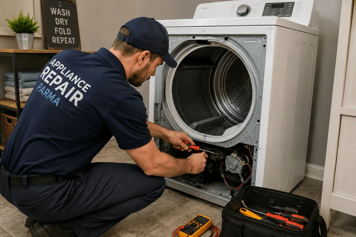 Professional dryer repair technician diagnosing a dryer problem