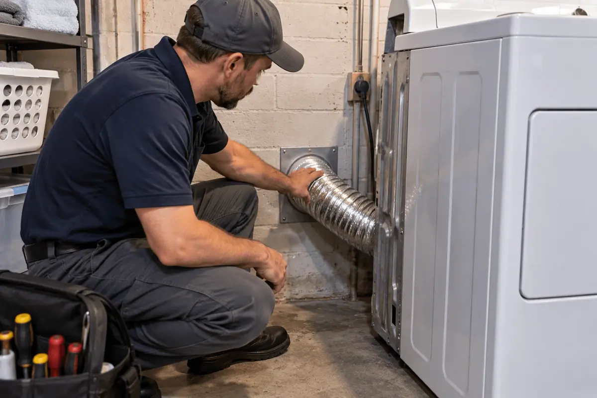 Technician inspecting a residential dryer vent connection