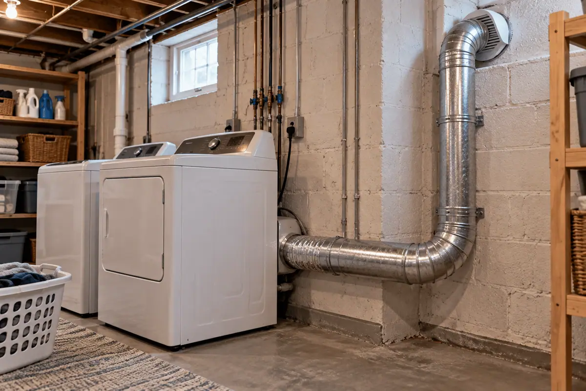 Dryer and exhaust duct running through a basement laundry area