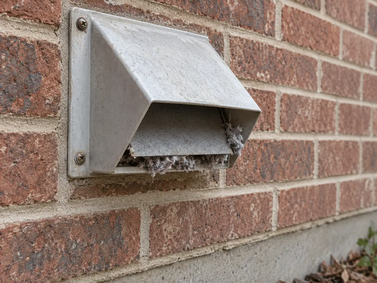 Lint collected around the lower opening of an exterior dryer vent hood.