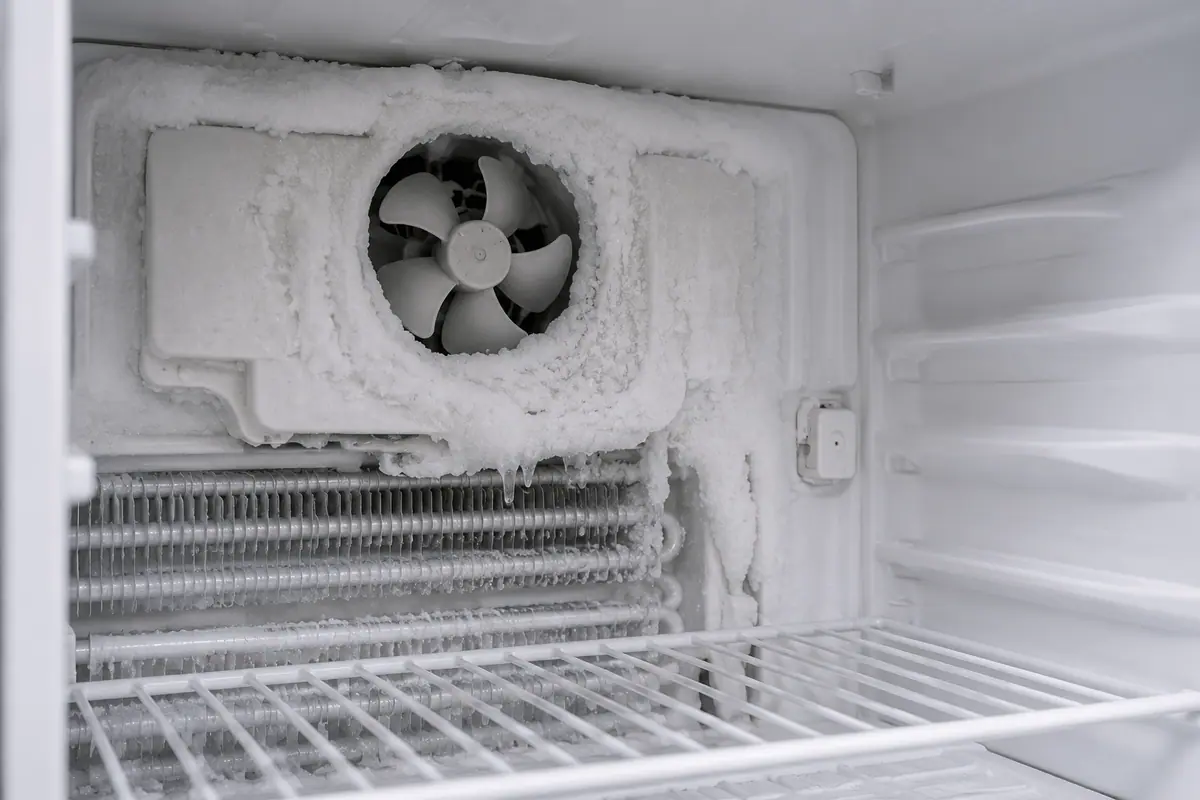 Heavy frost buildup around the evaporator fan inside a refrigerator freezer