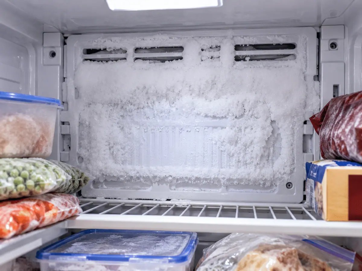 Frost buildup on the rear interior panel of a freezer
