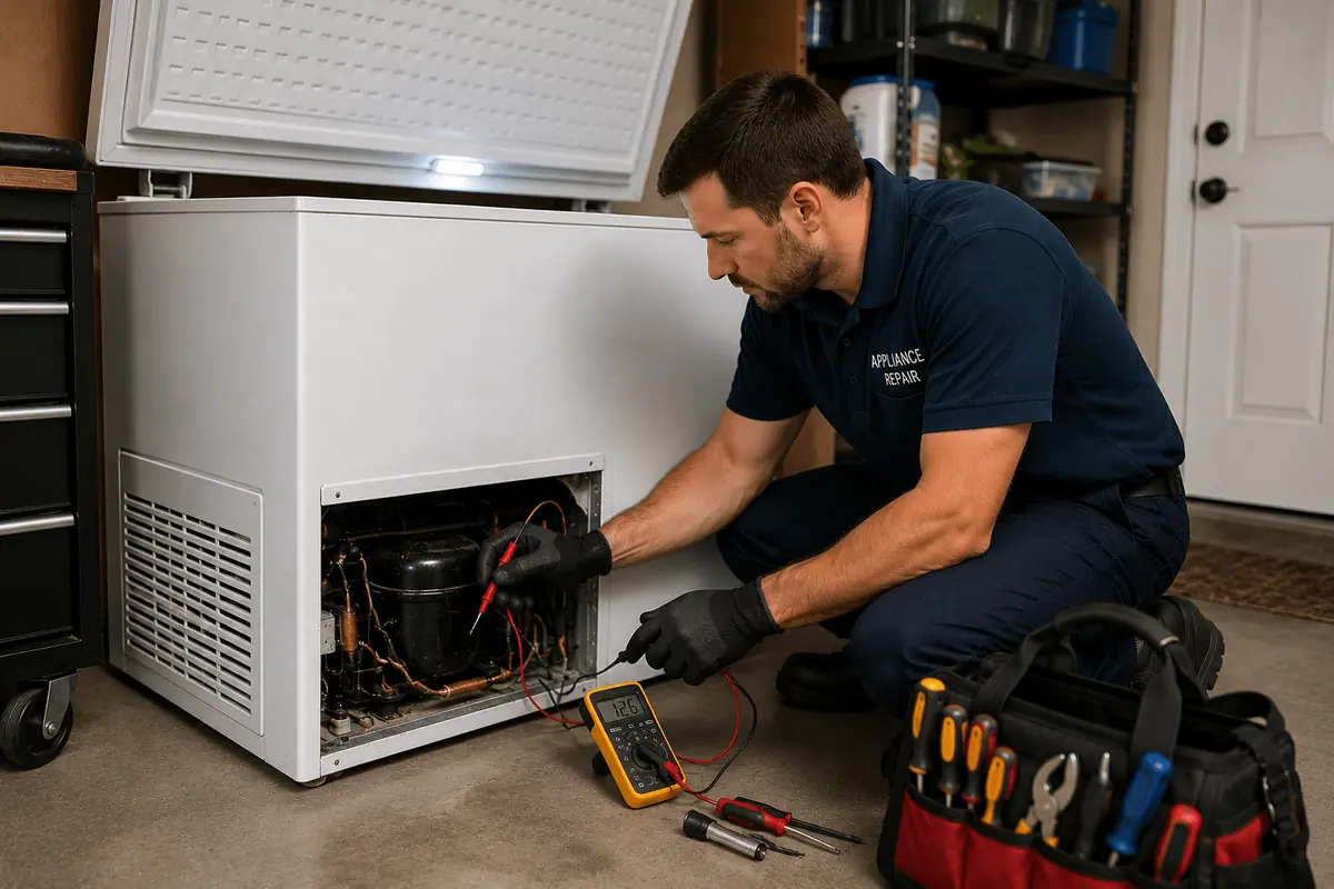 Technician repairing an upright freezer cooling system
