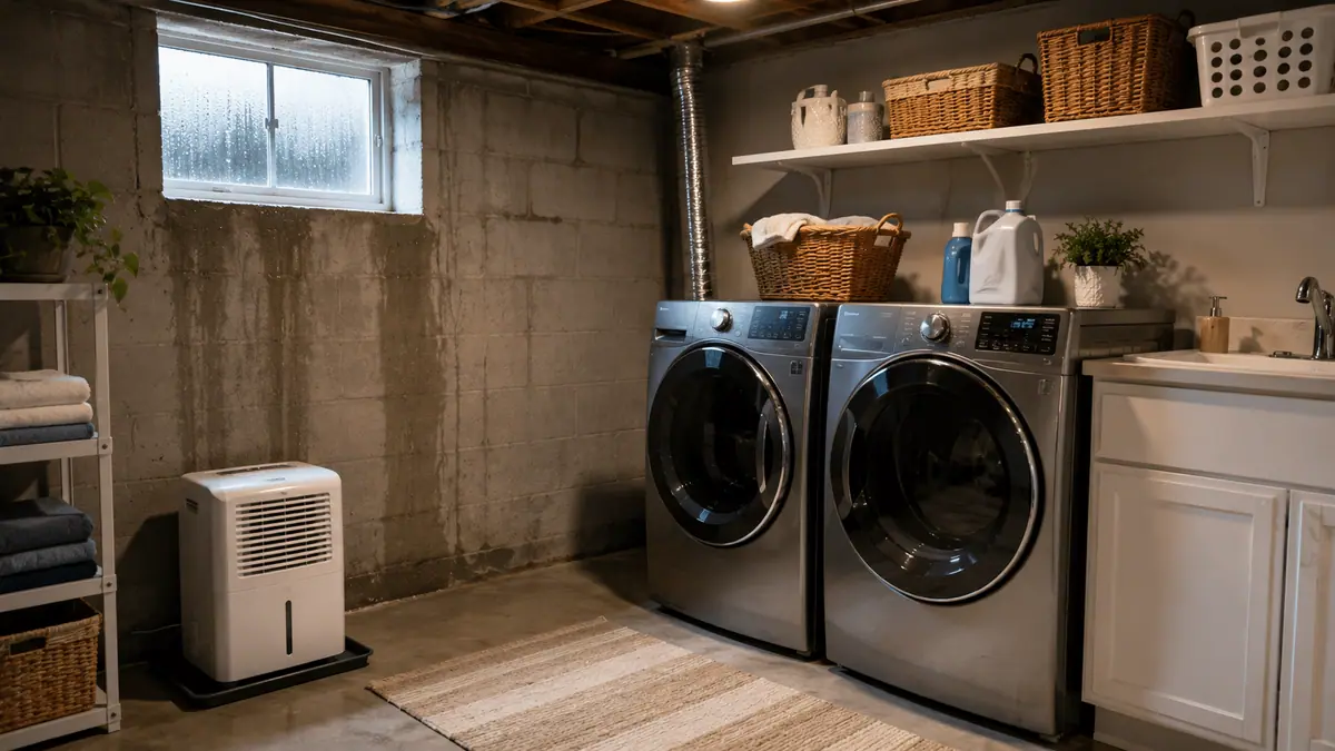 Residential basement laundry room with noticeable summer humidity