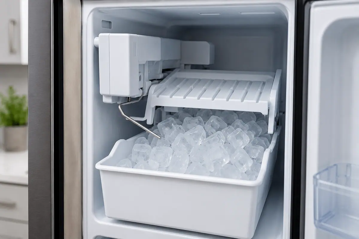 Ice maker inside a refrigerator producing ice cubes for residential ice maker repair service