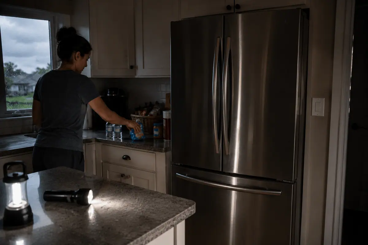 Closed refrigerator in a kitchen during a power outage