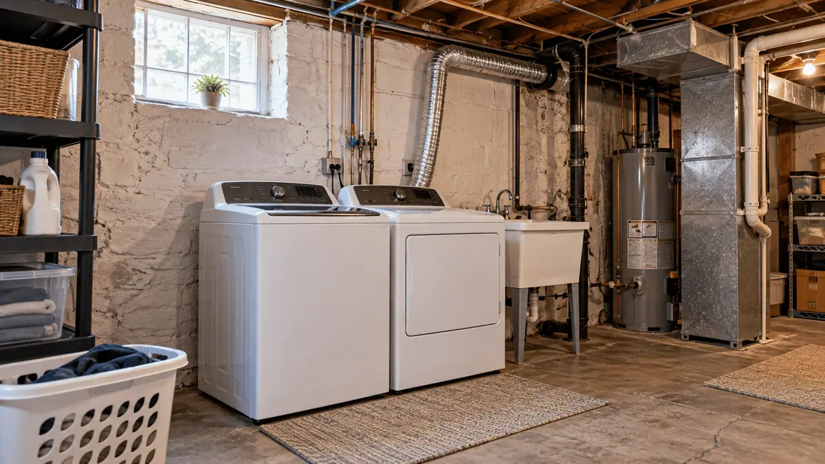 Modern laundry appliances installed in the basement of an older Cleveland-area home
