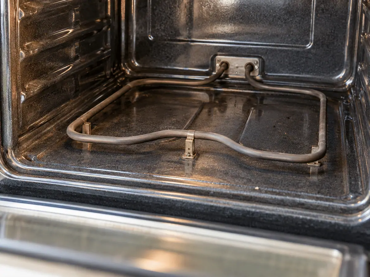 Lower bake element inside a cool electric oven with the racks removed.