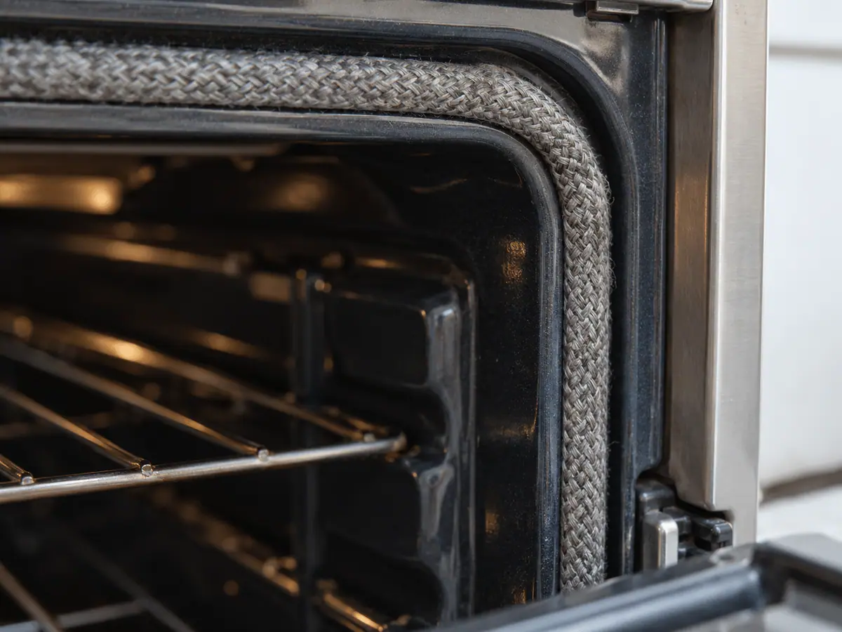 Braided oven door gasket along the side of an open oven.