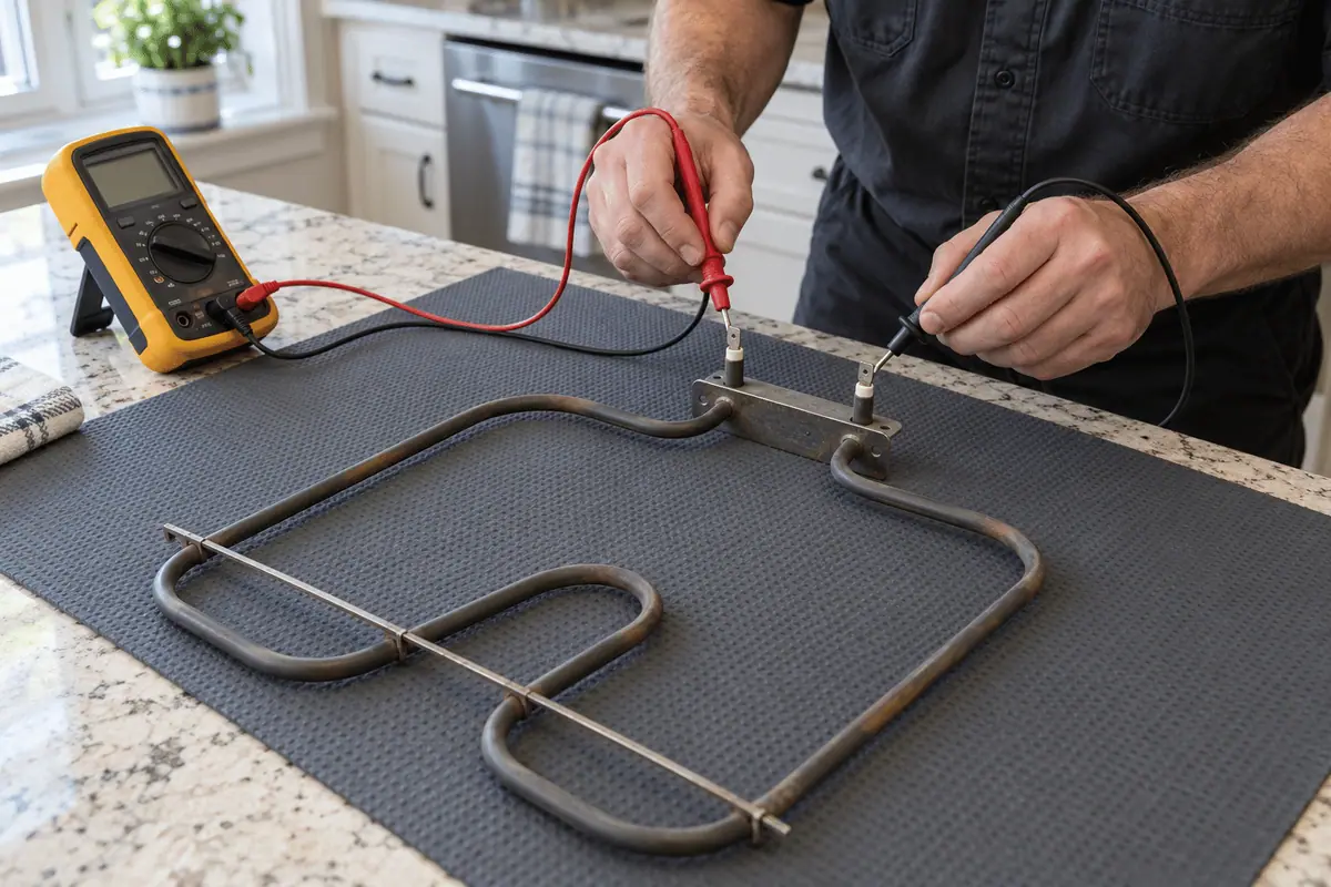 Technician testing a disconnected oven bake element with a multimeter on a work mat.