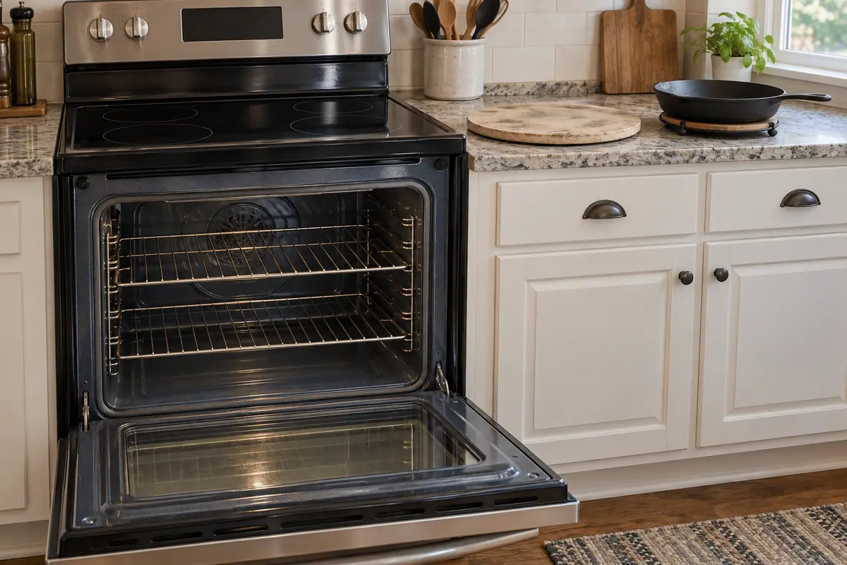 Empty oven with two racks and a baking stone and cast-iron skillet on the nearby counter.