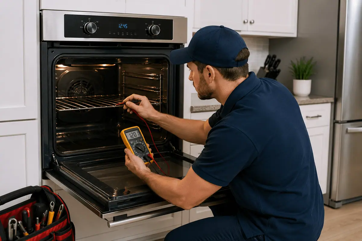Technician diagnosing a residential oven with heating and temperature problems