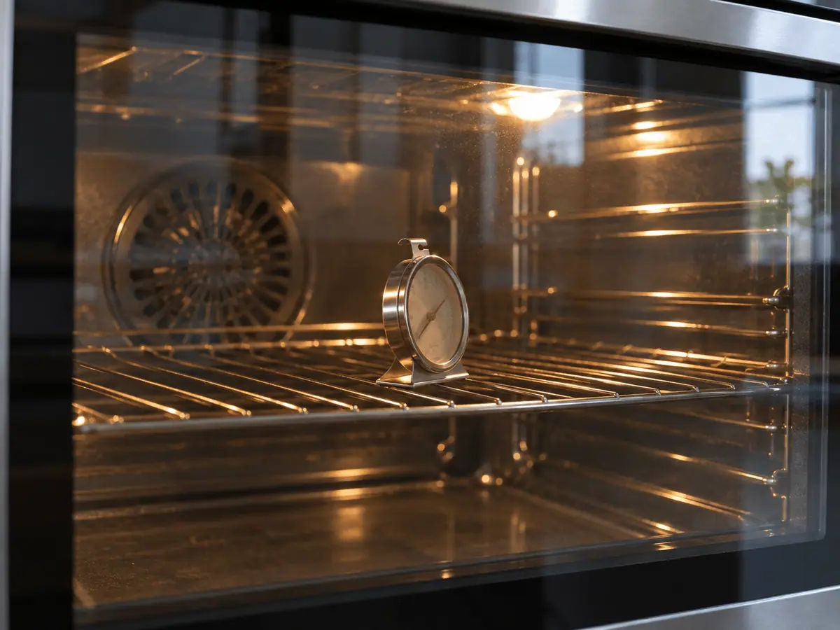 Freestanding oven thermometer on the center rack, seen through the closed oven door.