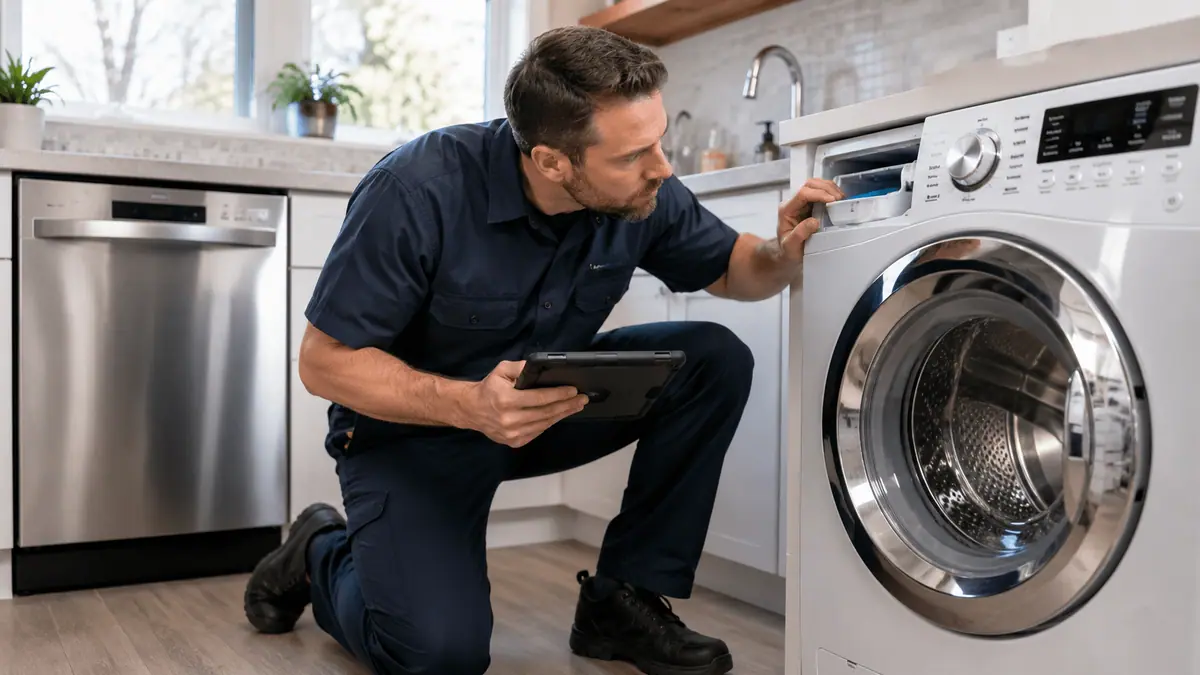 Professional appliance technician inspecting a dishwasher and washing machine for hard water damage