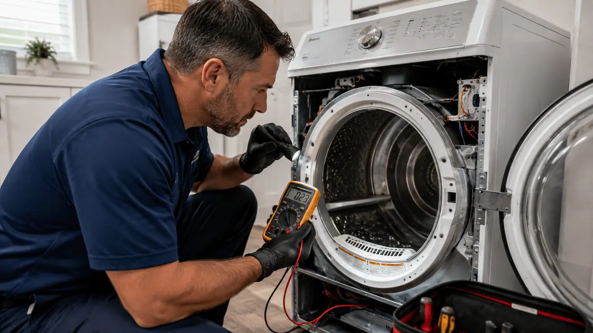 Appliance technician inspecting a residential dryer during diagnosis