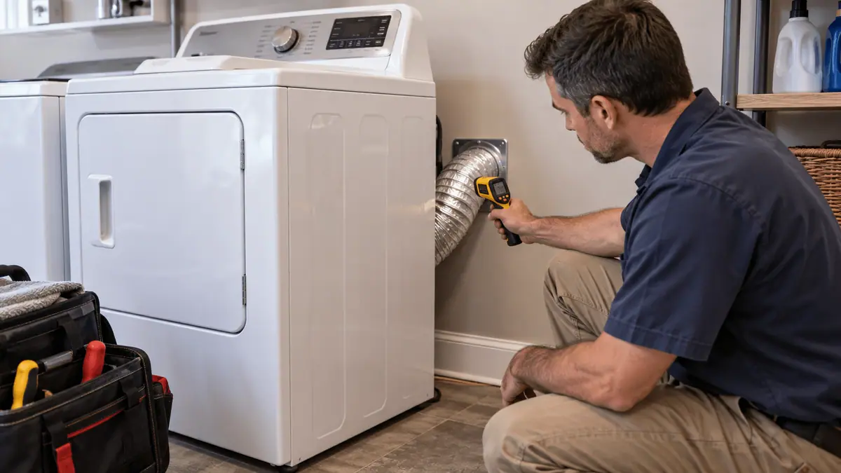 Technician checking dryer temperature and airflow during a professional inspection