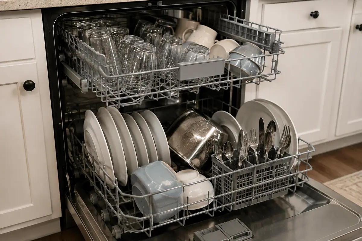 Properly loaded dishwasher with spaced plates, bowls, glasses, and utensils