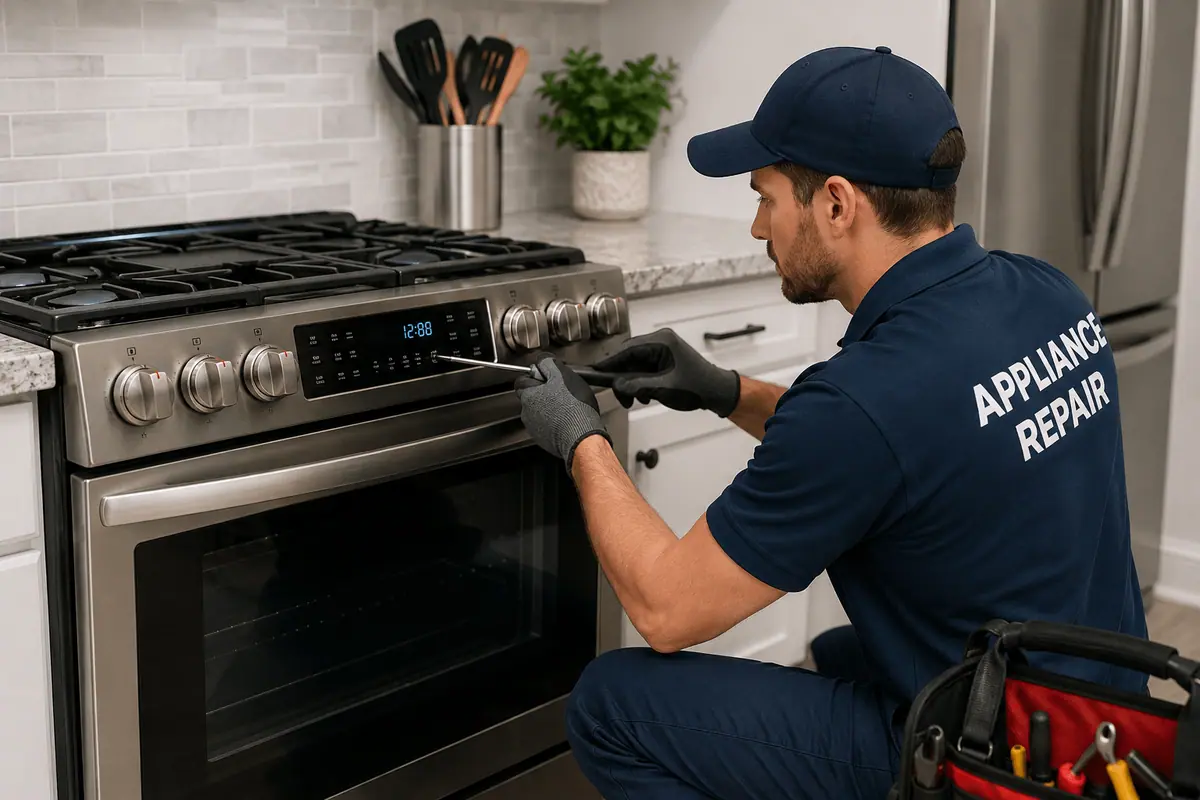 Technician diagnosing a residential range with control panel and burner issues