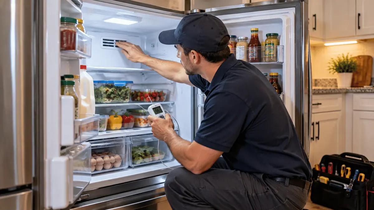Appliance technician checking refrigerator cooling performance during diagnosis