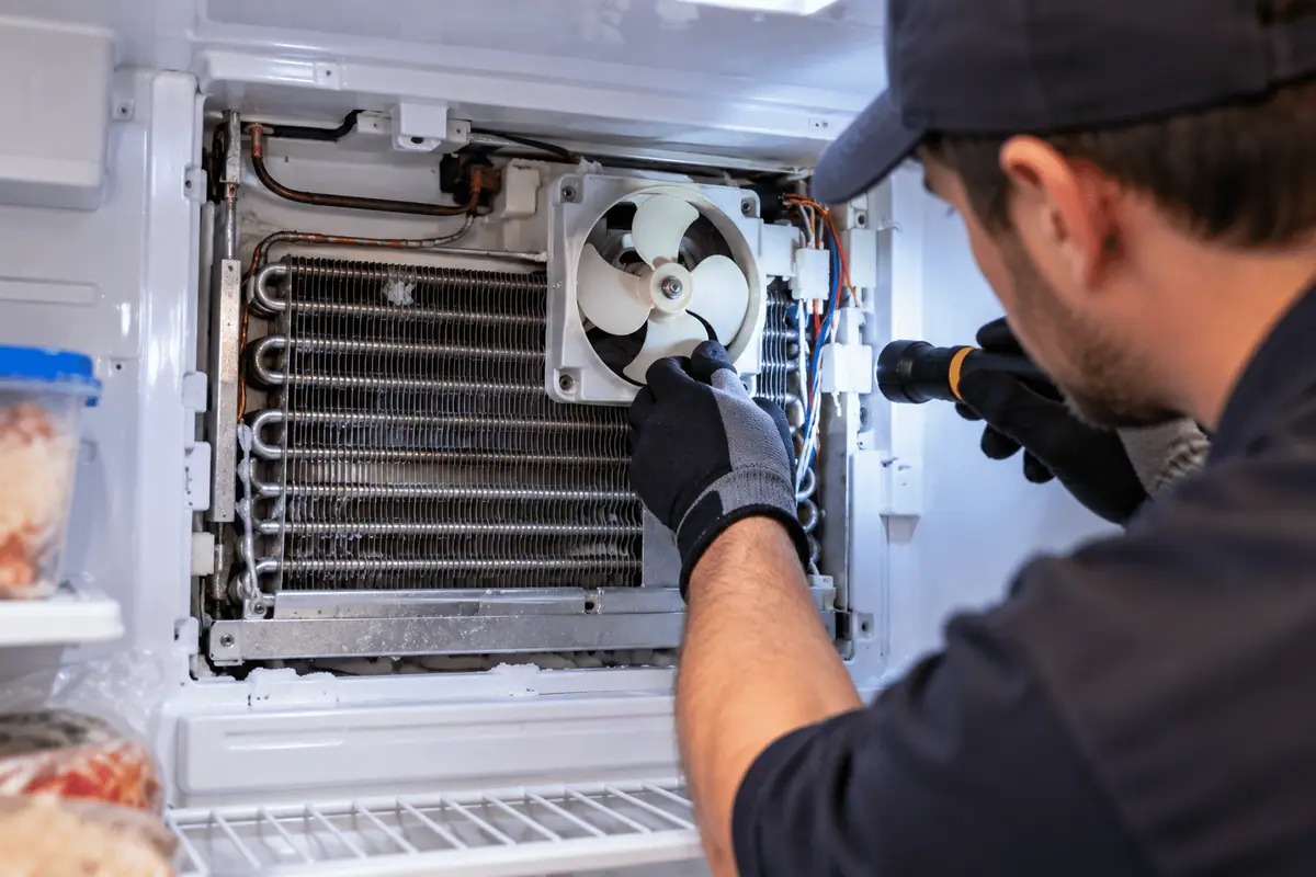 Technician inspecting an evaporator fan inside an unplugged refrigerator freezer