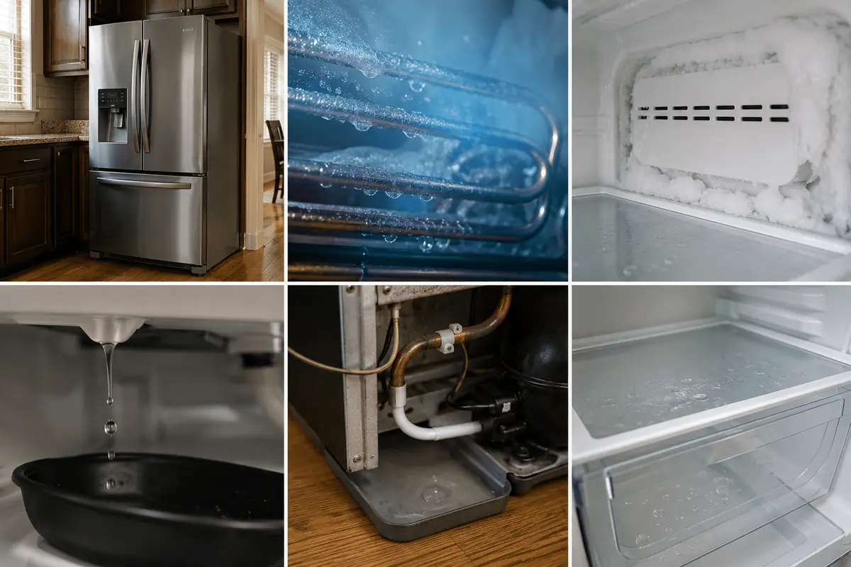 Refrigerator cooling components, defrost water, and freezer frost associated with gurgling, popping, and dripping sounds