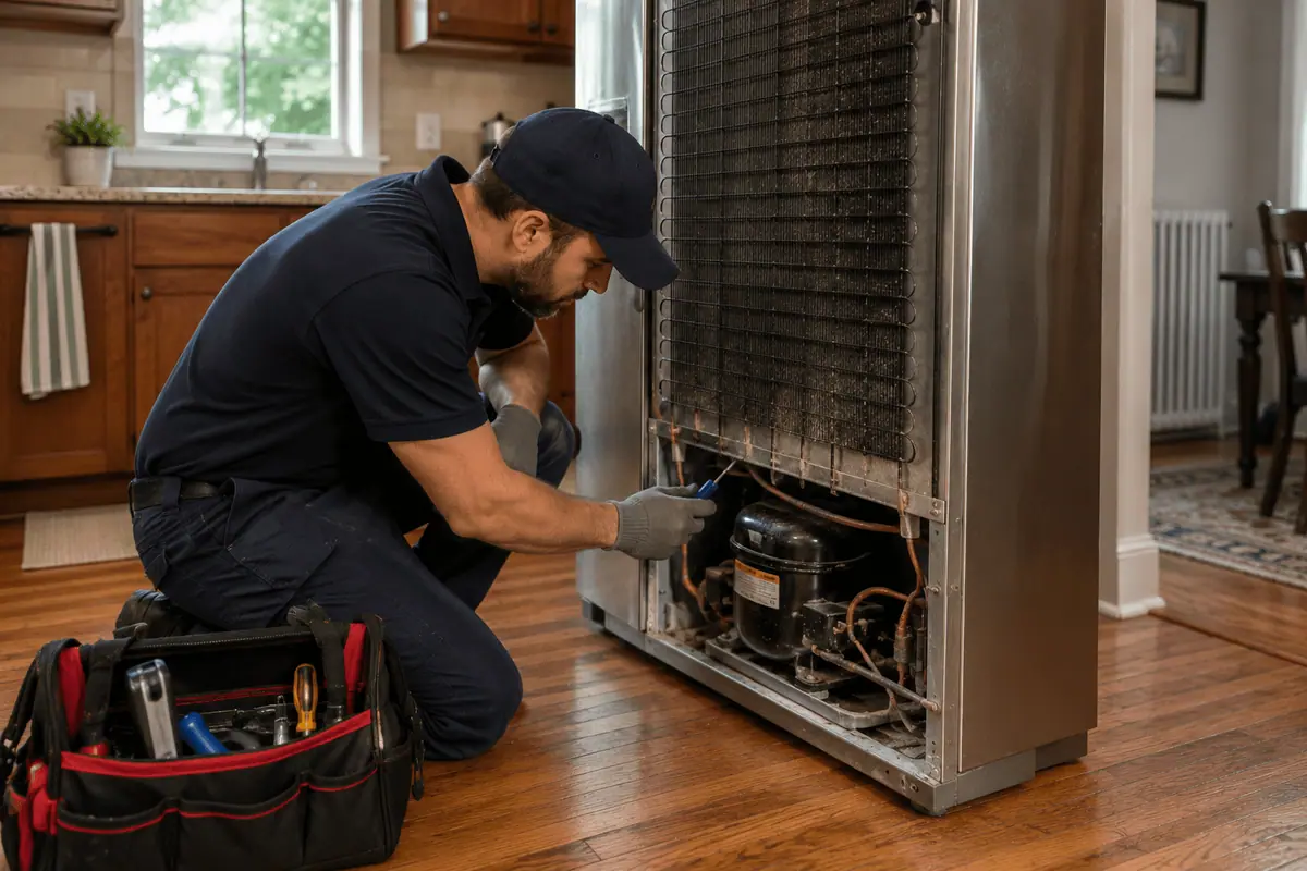 Technician inspecting the rear ventilation area of a refrigerator