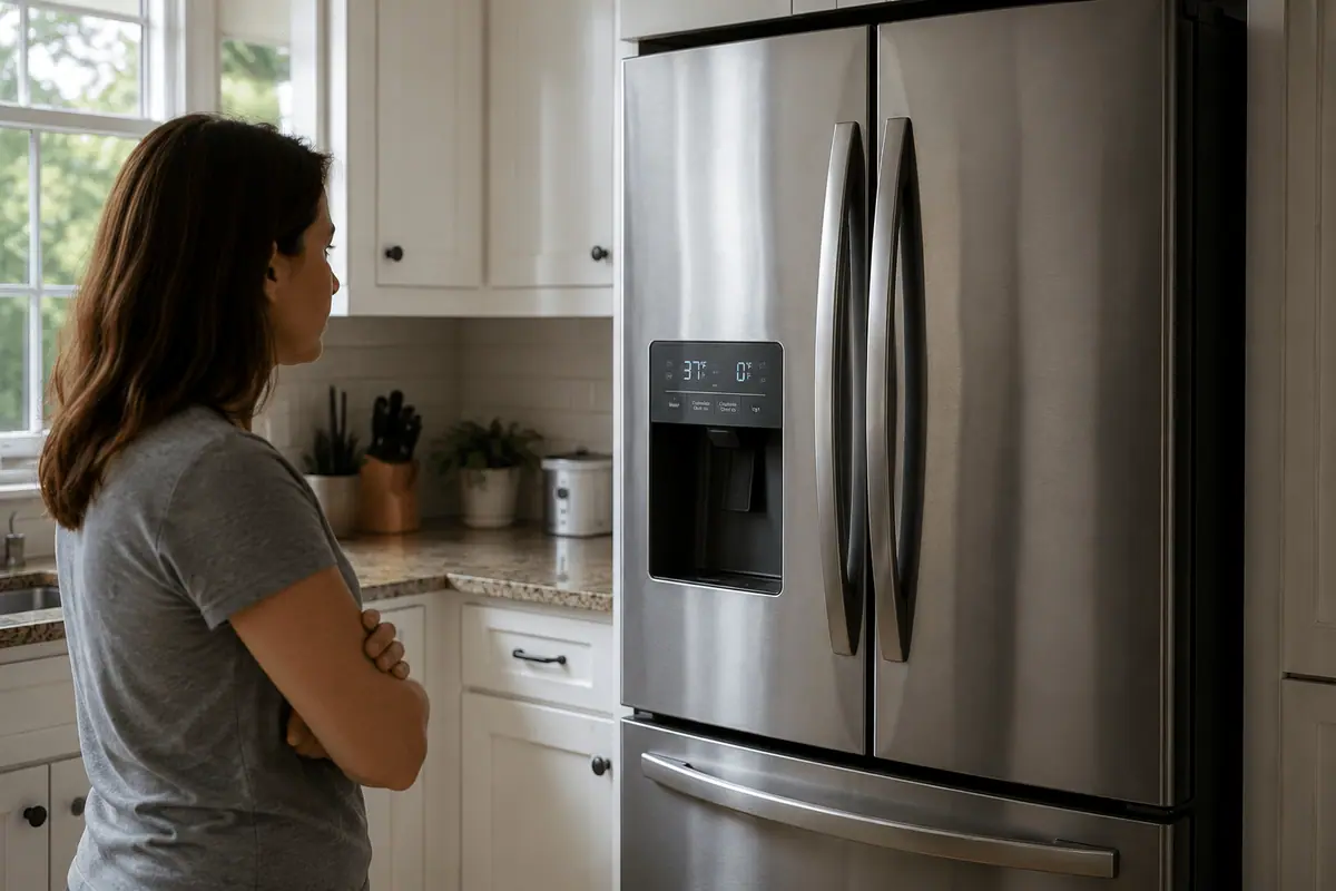 Homeowner waiting for a refrigerator to restart after power is restored following a Cleveland power outage.