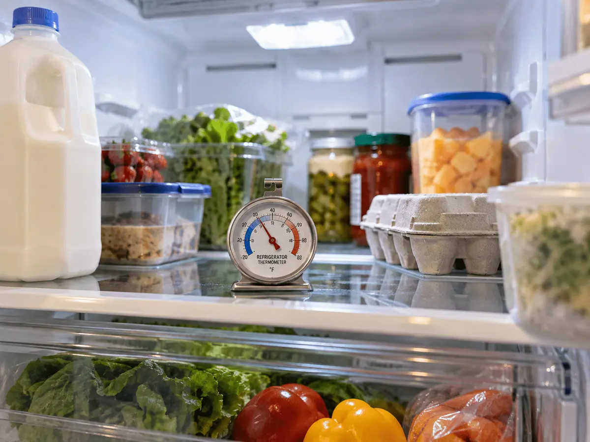 Refrigerator thermometer inside a residential refrigerator