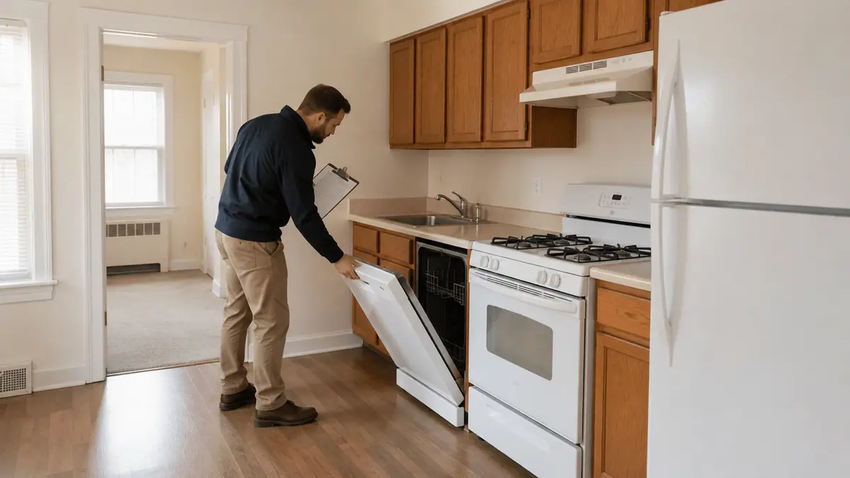 Property manager inspecting appliances in an empty rental kitchen