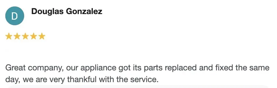 5-star same day appliance repair customer review in Parma OH